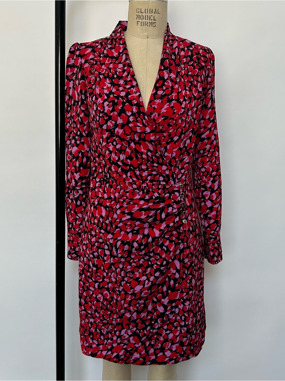 Morgan de Toi Red and Pink Printed Long-Sleeve Wrap Dress